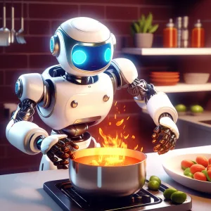 Home automation AI robot cooking in the kitchen